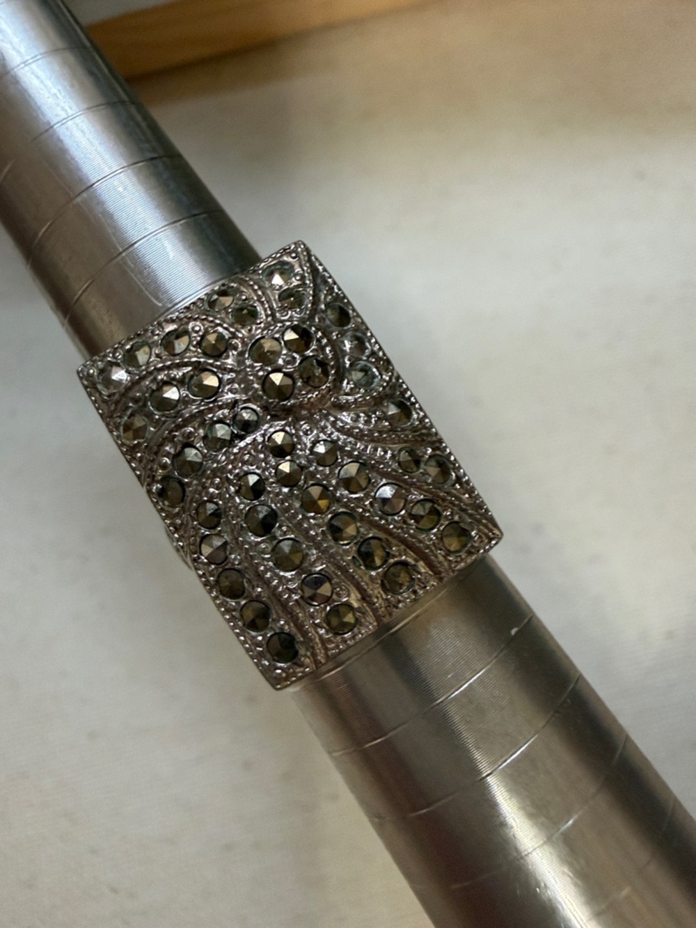 Sterling Silver 925 Marcasite Pavé Rectangular Statement Ring size 6.25